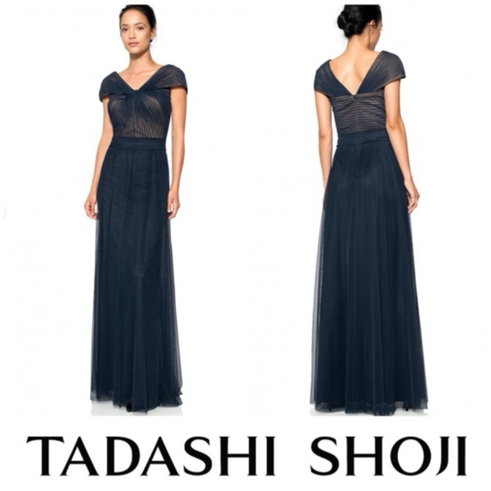 Tadashi Shoji Navy Tulle Pleated Gown Mother of the Groom Wedding Cocktail Gala